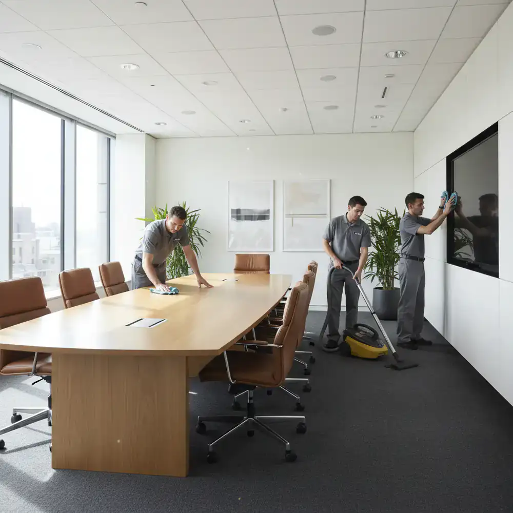 Janitorial staff maintaining a pristine corporate boardroom