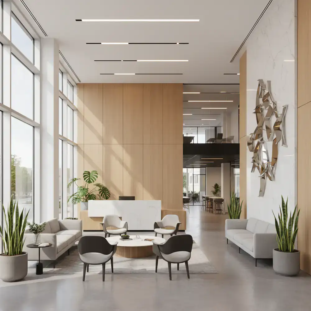 A bright, modern, impeccably clean corporate office lobby in Austin