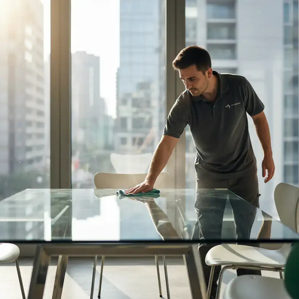 A professional cleaning team member quietly sanitizing a glass meeting room table
