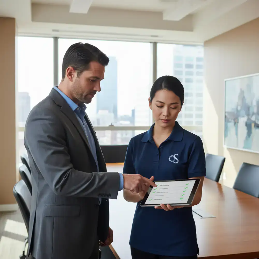 A facility manager reviewing a digital checklist with an OfficeShine Services supervisor in a modern boardroom